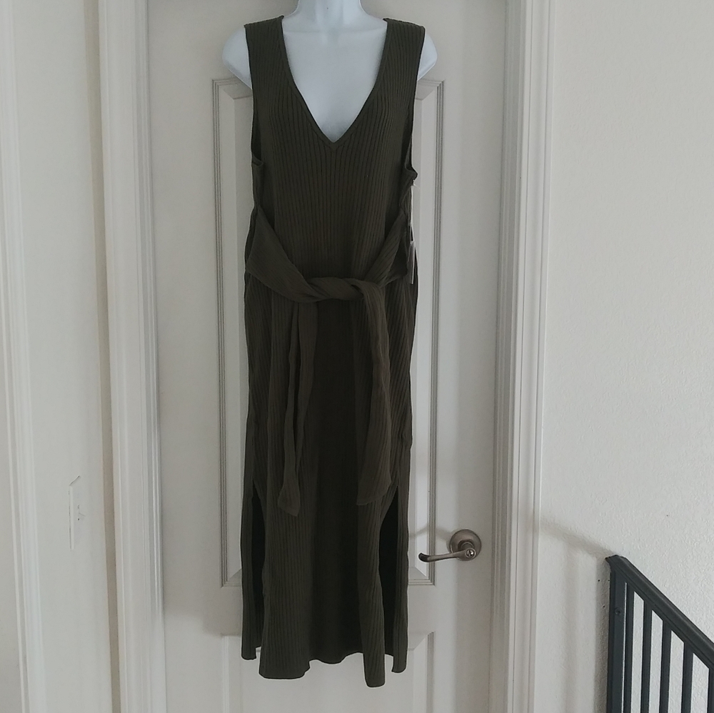 Good American Rib Knit Tie Waist Dress In Sage